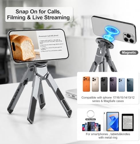 4-in-1 Adjustable Laptop Stand for desk with Magnetic Phone Holder & Camera Tripod, Foldable Aluminum Stand for Laptop, Tablet, Camera, Portable Ergonomic Desk Setup for Travel & Remote Work(Gun Gray)