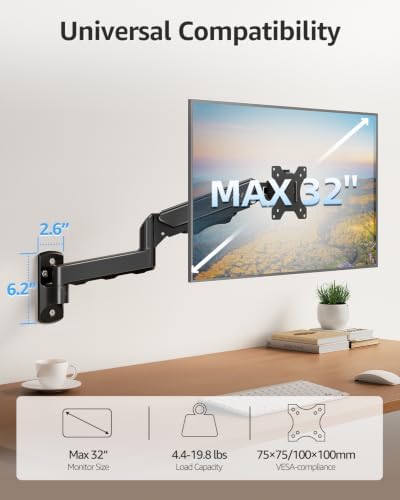MOUNTUP Single Monitor Wall Mount for Max 32 Inch Computer Screen, Fully Adjustable Monitor Arm, Wall Mount Monitors Holder Support 4.4-19.8lbs Display, VESA Bracket Fit 75x75mm, 100x100mm