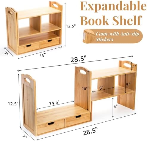 Eorbow Bamboo Desktop Bookshelf, Expandable Counter Bookcase, Storage Shelves Rack Organizer with Anti-Slip Pads, Cute Small Desk Display Cubby Top for Office Supplies, No Assembly Needed