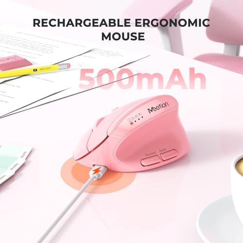 MEETION Ergonomic Vertical Mouse, Wireless Bluetooth Mouse - Pink