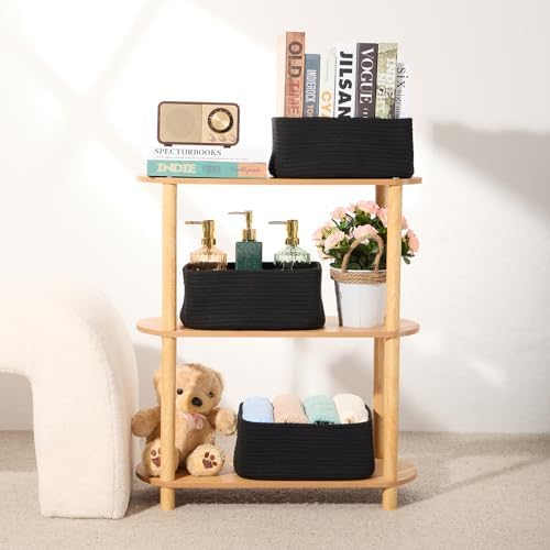 MiniArk Small Storage Baskets for Organizing | Closet Organizer Bins | Shelf Toy Basket | Woven Rope Baskets | Cube Decorative Box | Shallow Basket | 11.5x7.5x4.7” | 3 Packs Black