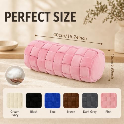 Soft Cylinder Lumbar Pillow, 15.7 x 5.9 Inch Hand-Woven Velvet Neck Roll Pillow, Polyester Fiber Filled for Neck Back Leg Relaxation, Decorative Throw for Couch Sofa Bed Office (Pink)