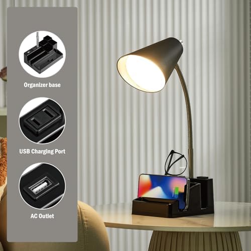 Small Desk Lamps for Home Office, Table Lamp with USB Port and Outlet, Desktop Lamp with Pen Holder, Flexible Neck Desk Lamp, Black Table Lamp for Reading Study