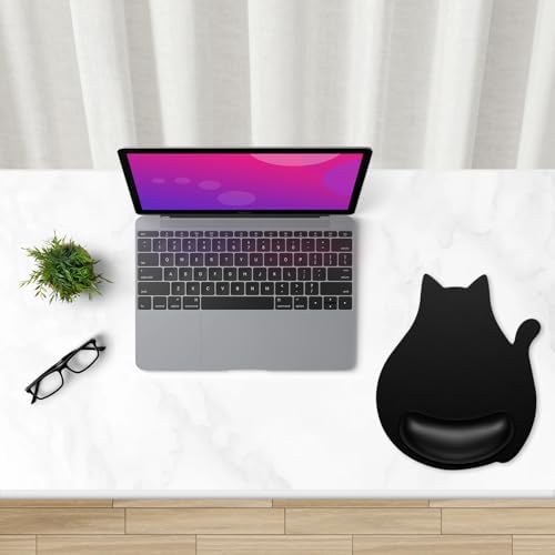 Ergonomic Mouse Pad with Wrist Rest, Cute Cat Memory Foam Padded Pain Relief Non-Slip Wrist Support Mouse Mat for Gaming Work Computer Laptop, Funny Office Supplies Desk Accessory, Jet Black