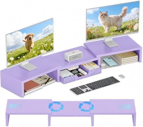 OPNICE Dual Computer Monitor Stand Riser, Desk Organizer with Drawer, Office Desk Accessories & Workspace Organizers for Home Office Supplies, Purple