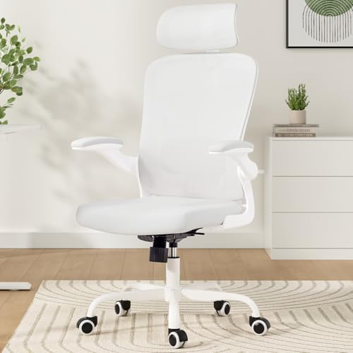 Ergonomic Office Chair, High Back Home Desk Chair with Headrest, 300 LBS Home Mesh Office Desk Chairs with Wheels, Comfortable Gaming Chairs (White)