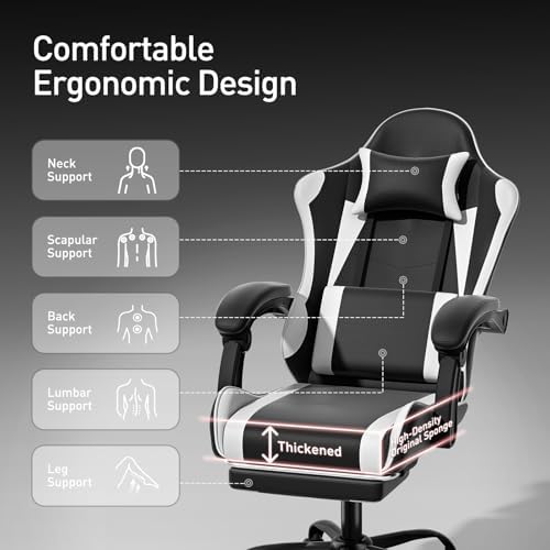 MoNiBloom Gaming Chair, Footrest & Lumbar Support, Height Adjust, White