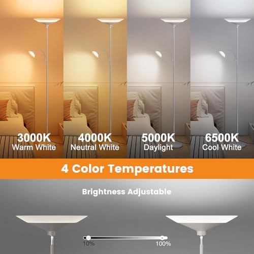 SIBRILLE Sliver Gray Torchiere Floor Lamp with Reading Light, 4 Color Temperatures, Dimmable & Individual Light Control Standing Lamp, 34W Bright Tall Lamp with Remote for Living Room Bedroom Office