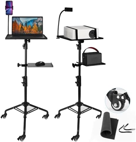 Projector Stand Tripod - 28.7 -54.3 Inch Adjustable Laptop Tripod Stand with Wheels - Dual Tray Portable Laptop Stand with Phone Holder for Office, Home, Stage, DJ Equipment & Outdoor Movies