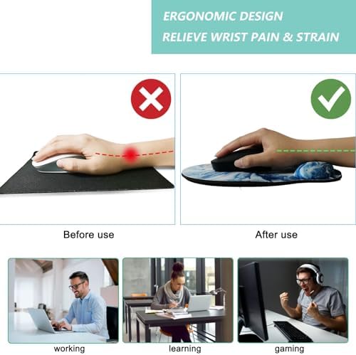 Mouse Pad with Wrist Support, Ergonomic Mouse Pad with Memory Foam Wrist Rest Cushion, Non-Slip Rubber Base Gaming Mice Pad for Home Office Computer Laptop, Blue Marble