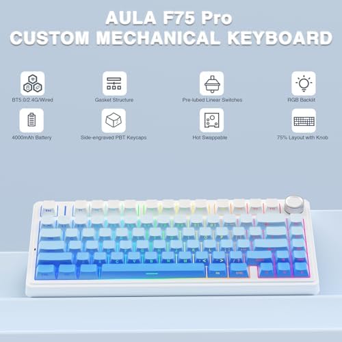 AULA F75 Pro Wireless Mechanical Keyboard,75% Hot Swappable Custom Keyboard,RGB Backlit,Pre-lubed Linear Switches,Side Printed PBT Keycaps Mechanical Gaming Keyboards,Gradient Blue