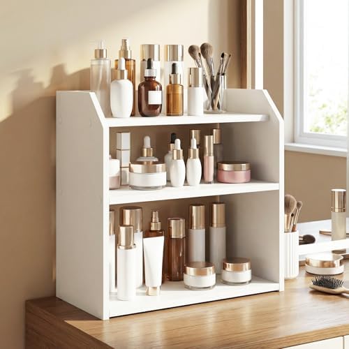 Tangkula 3-Tier Desktop Bookshelf, Wooden Countertop Bookcase with Guardrails, Space-Saving Desk Display Hutch Shelf, Modern Tabletop Storage Organizer for Study Room, Office and Dormitory (2,White)
