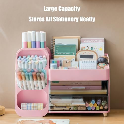 Desk Organizer with Pen Pencil Holder, Pen Organizer with 2 Drawers & 4 Compartments, Desktop Organizers and Storage for Office Home School Art Supplies (Pink)