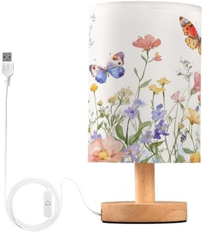 ALAZA Watercolor Wildflower Butterfly Floral Print Decor Bedside Table Lamp with USB Port for Bedroom Nightstand Office Desk LED Bulb Included