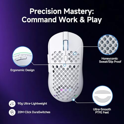 DIERYA M1 Wireless Gaming Mouse, 24000DPI, 180Hrs Battery, 16.8M RGB, 6 Programmable Buttons, Lightweight, Tri-Mode (2.4G/BT5.2/USB-C) for PC/Mac/Laptop - White