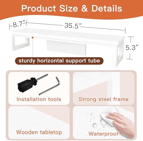 Dual Monitor Stand Riser, Large Computer Monitor Stand for 2 Monitors, Multi-Purpose Desk Organizers and Accessories, Wood and Steel Desk Shelf for Computer, Laptop, Printer, TV, White