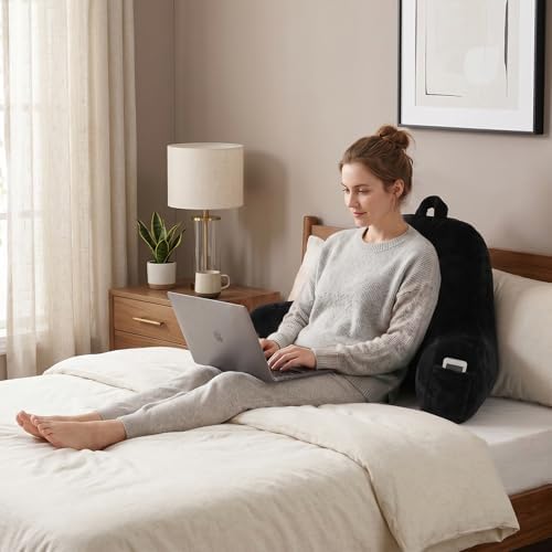 Large Plush Backrest Pillow for Sitting in Bed,Faux Fur,Black