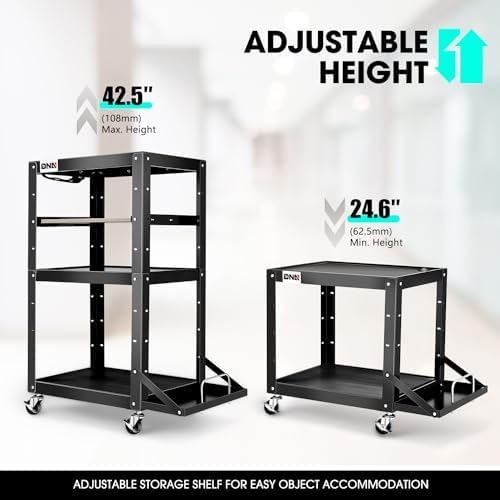 DNA Motoring Steel AV Cart 3-Layer Rolling Projector Utility Cart, 24" X 18" X 24.6"- 42.5" Height Adjustable, with Wheels, Pullout Keyboard Tray, Power Strip, Cord Management, TOOLS-00497