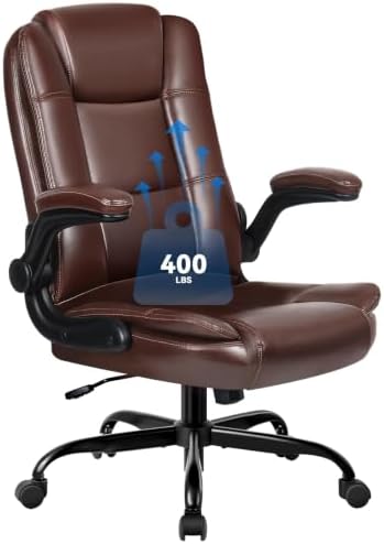 Ergonomic Office Chair with Flip-up Armrests, Big and Tall Leather Executive Office Chair, High Back Lumbar Support Home Computer Desk Chair, Heavy and Duty Computer Chair (Brown)