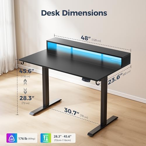 Klicelor Electric Standing Desk with Shelf, 48 Inch Height Adjustable Desk with Power Outlets & LED, Sit Stand Up Table with Monitor Stand, Computer Workstation for Home Office, Black