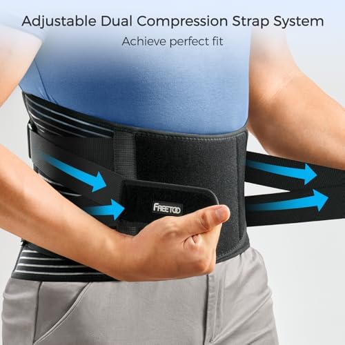 FREETOO Back Braces for Lower Back Pain Relief with 6 Stays, Breathable Back Support Belt for Men/Women for work, Anti-skid lumbar support belt with 16-hole Mesh for sciatica(M) (Pack of 2)