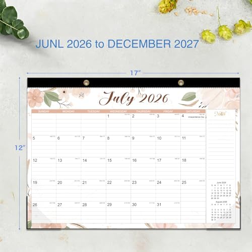 2026-2027 Desk Calendar - 18 Month Desk Calendar 2026-2027, Jul 2026 - Dec 2027, 17" x 12", Large Monthly Desktop Calendar with Daily Blocks, Thick Paper, Corner Protectors - Floral (2 Stickers Included)