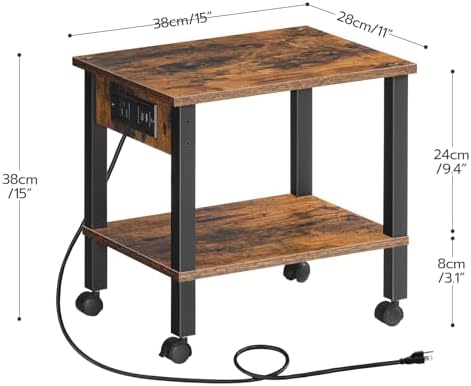 HOOBRO 2-Tier Printer Stand with Charging Station, Under Desk Printer Table, Printer Cart with Storage Shelves, Shelf for Small Spaces, for Home Office, Rustic Brown and Black BF38UPS01