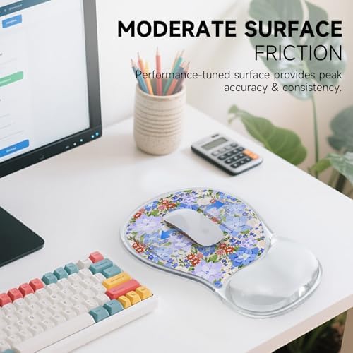 AUPET Ergonomic Mouse Pad with Gel Wrist Support – Non-Slip Mouse Mat with Comfortable Memory Gel Cushion – Relieves Wrist Pain – Designer Pattern for Home Office & Gaming (Violet-Blue Blossom Patch)