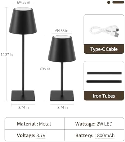 UME Cordless Table Lamp, Battery Operated Lamp - Portable Waterproof Rechargeable Table Lamp w/ 3 Color Temps & Stepless Dimming for Dinner, Desk, Cafe, Outdoor (Black)