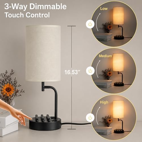 Dreamholder Touch Control USB Table Lamp with USB C/A & AC Outlet, 3-Way Dimmable Bedside Lamp, Modern Nightstand Lamps for Bedroom Living Room Guest Room Office, Bulb Included, Black