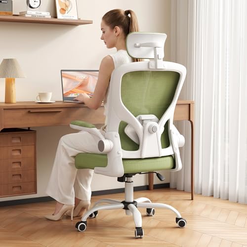 Office Chair, Ergonomic Desk Chair with Adjustable Lumbar Support, High Back Mesh Computer Chair and Headrest, Comfortable Gaming Chairs Rolling Swivel Task Chairs Flip-up Arms(Green)
