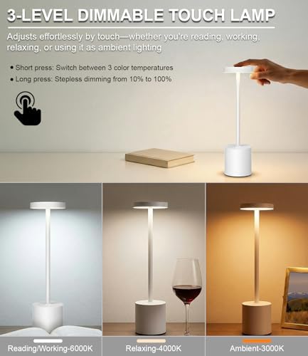 Swinerton White Rechargeable Cordless Table Lamps Set, 5000mAh Battery Powered Wireless Table Light, Portable LED Desk Lamp, 3 Color Dimmable Lighting for Restaurant Dining Patio Outdoor Bedroom
