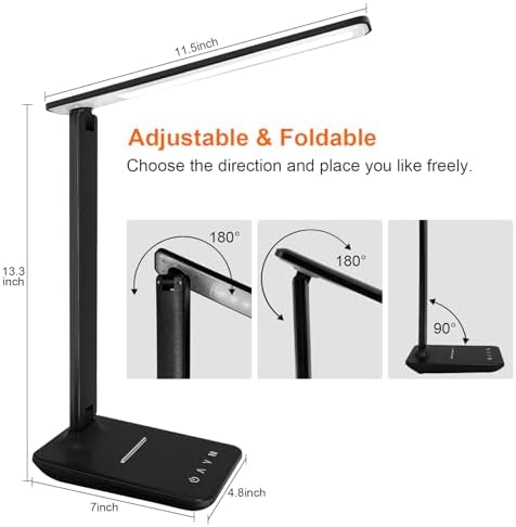 karidi LED Desk Lamp Dimmable Table Lamp with USB Charging Port, 5 Lighting Modes, Sensitive Control, Foldable Portable Desk Light for Home Office Bedroom Reading (Black, Standard Size - 13.3 inch)
