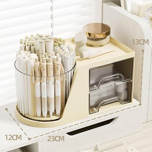 Rotation Pen Holder for Desk Cute Pencil Cup Pot Desktop Organizer and Accessories for Girls Kids Makeup Brush Holder (Beige)