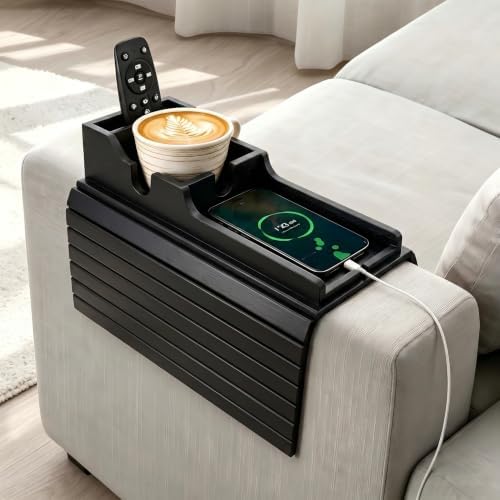 Yoshiky Black Bamboo Couch Armrest Table, Couch Arm Tray with Removable Couch Cup Holder, 2 in 1 Design Foldable Anti-Slip Bamboo Couch Tray and Sofa Cup Holder for Drink