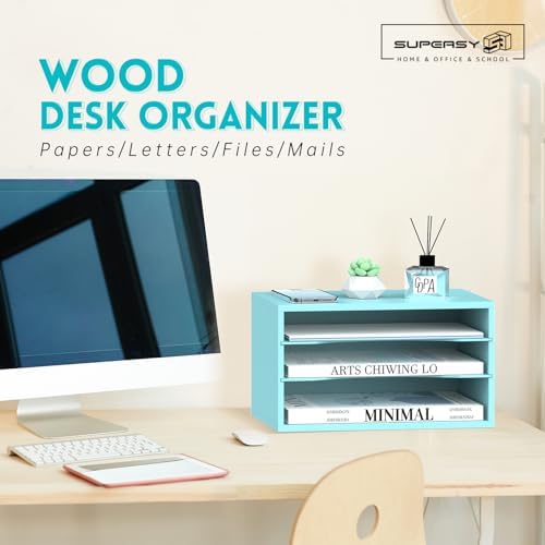 3 Tier Wood Desk Organizer, Mail Sorter and Paper Organizer for Desk, Blue