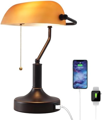 Vintage Bankers Desk Lamp with Pull Chain Switch, Traditional Desk Lamp with USB A and Type C Charging Port, Oil Rubbed Bronze Table Lamp with Amber Glass Shade for Office, Library, Study Room