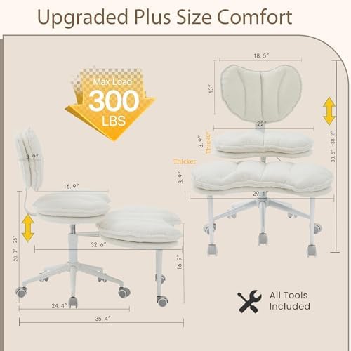 Cross Legged Chair with 360° Swivel Footrest, Criss Cross Office Chair for Plus Size, Teddy Fleece Armless Desk Chair with Wheels, Memory Foam Cozy Active Sitting Chair for Home Office,
