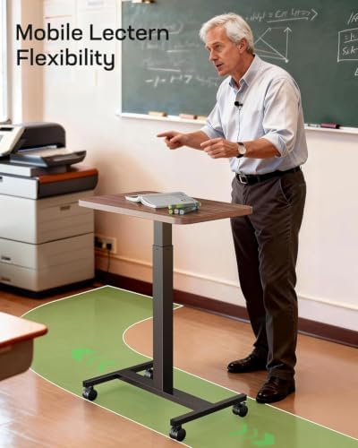 Marsail Mobile Standing Desk, Wider Height Adjustable Computer Desk up to 46.1″, Rolling Sit Stand Desk with 4 Lockable Wheels, Ergonomic Desk for Home Office and Classroom, Walnut