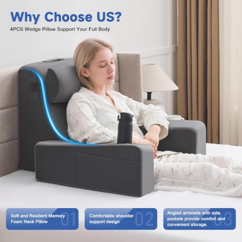 Reading Pillow for Bed, Back Pillow for Bed Sitting Up, Bed Pillows for Sitting Up with Adjustable Armrests, Cup Holder & Large Pocket, Backrest Cushion for Reading, Watching TV (Dark Grey, 4PCS)