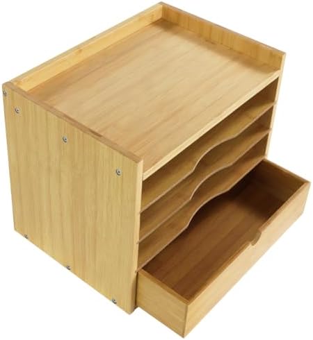 KKTONER 5-Tier Bamboo Desk Organizer with Drawer Tabletop File Organizer Document Holder with Shelf Desktop Cabinet for Home Office School Supplies (Natural)