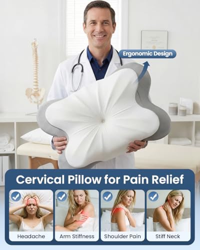 Cervical Pillow for Neck Pain Relief, 4-Height Adjustable Oeko-TEX Memory Foam Contour Pillow for Sleeping, Ergonomic Orthopedic Cooling Neck Pillow for Side Back Stomach Sleepers, Arm Support