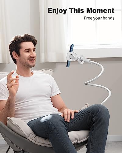 SAIJI Gooseneck Cell Phone Holder, Clamp Universal Lazy Mount Clip Hands Free Flexible Long Arm Bracket Grip for 4.0-6.3 Phones Mobile Stand Baby Monitor for Desk, Bed, Office, Kitchen (White)