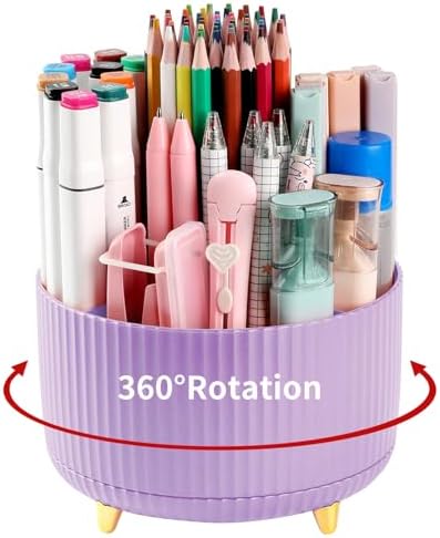 Desk Pencil Pen Holder, 5 Slots 360°Degree Rotating Pen Organizers for Desk, Desktop Storage Stationery Supplies Organizer, Cute Pencil Cup Pot for Office, School, Home, Art Supply, Purple