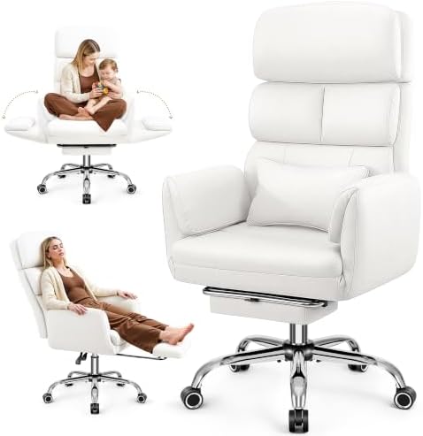 Big and Tall Office Chair 500LBS, Ergonomic High Back Leather Executive Chair, Reclining Swivel with Adjustable Armrests Lumbar Support Footrest, Cross Legged, White