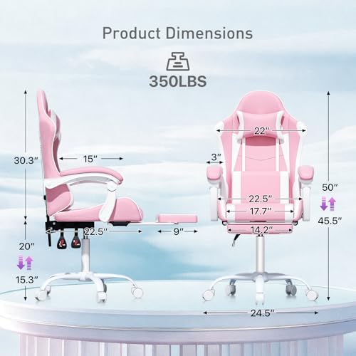 MoNiBloom Gaming Chair, Footrest & Lumbar Support, Height Adjust, Pink