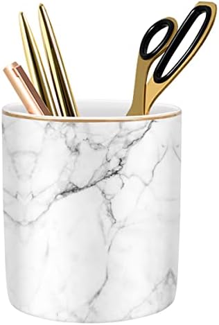 Pen Holder for Desk Cute, Modern Marble Desk Organizer, Durable Ceramic Pencil Cup, Makeup Brush Holder Cup, Multifunctional Office Stationery Holder for Women, Men, White Marble