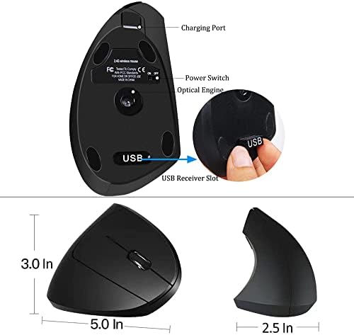 Ergonomic Mouse, High Precision Vertical Wireless Mouse, Rechargeable 2.4GHz Optical Vertical Mice, 3 Adjustable DPI 800/1200/1600 DPI, for Laptop, PC, Computer etc, Specially for Right-handers