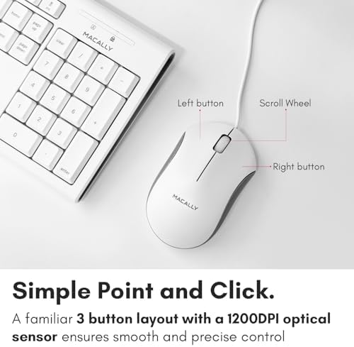 Macally Full Size USB Wired Mac Keyboard and Mouse Combo - Compatible Ergonomic Apple Keyboard and Mouse with Shortcuts and Number Keypad for Mac mini Pro, iMac Computer, MacBook Pro Air Laptops