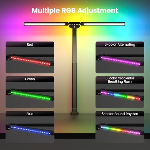 SIBRILLE Upgraded LED Desk Lamp for Home Office with RGB, Rotatable Computer Desk Light with Remote, Tall Table Lamp with Clamp for Working, Dimmable Dual Head Task Lighting for Monitor PC, 22W